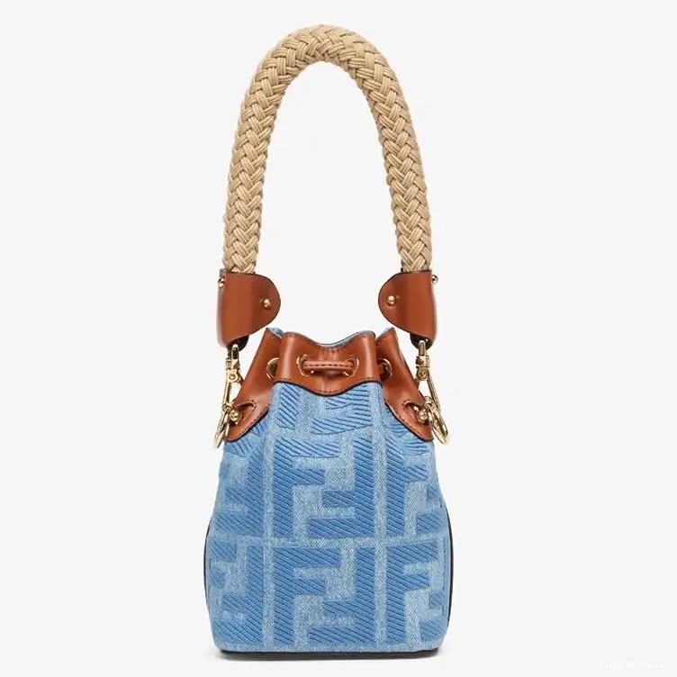 Affordable HOT Bag with FF Blue Mini Bucket In Handle Mon Straw Tresor Motif Straw Fendi 0616